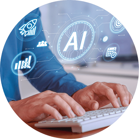 Manos tecleando en un teclado con una interfaz de AI flotante y íconos de cohete y gráficos.