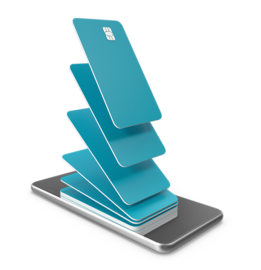 Ilustración 3D de un smartphone con tarjetas bancarias, que simboliza el sector financiero y las iniciativas tecnológicas.
