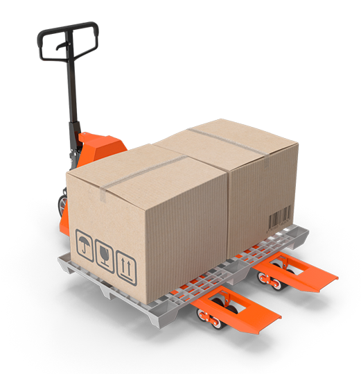Pallet jack con cajas de cartón, representando la industria de transporte y logística.
