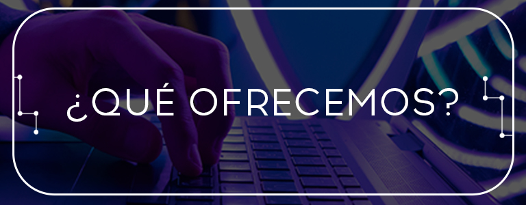 Banner de servicios con una mano tecleando en una laptop, y el texto "¿QUÉ OFRECEMOS?".