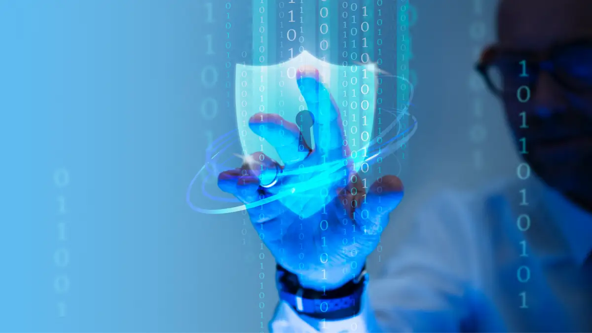 Mano tocando un escudo de seguridad digital, simbolizando la protección de datos y contraseñas.