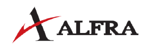Logotipo de la empresa ALFRA, con una "A" estilizada y una línea roja.
