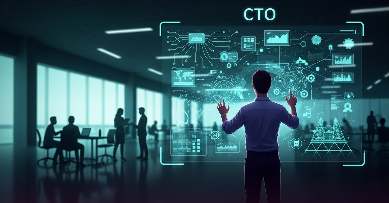 CTO liderando transformación digital con IA. Sistemas tecnológicos optimizados para mejorar la cultura empresarial.
