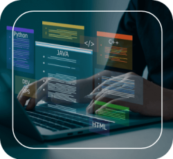 Desarrollador de software trabajando en una laptop con interfaces holográficas de código y lenguajes como Python y Java.